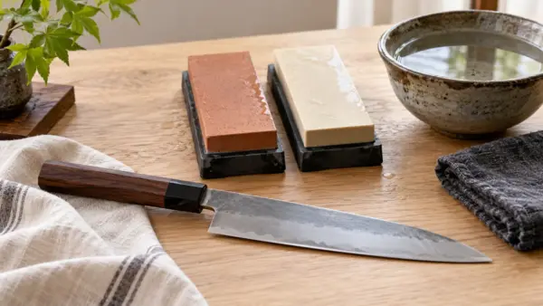 Illustration de couteaux japonais et accessoires : pierre