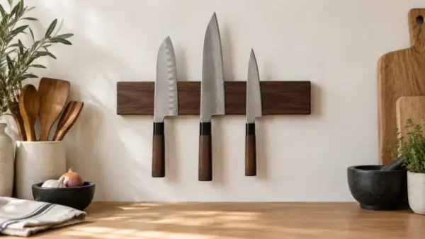 Illustration de couteaux japonais et accessoires : rangement