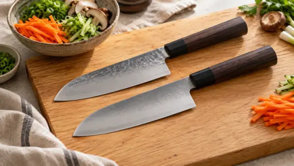 Illustration de couteaux japonais et accessoires : santoku